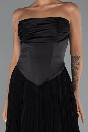 Saten Straplez Yaka Uzun Şifon Abiye ABU5321