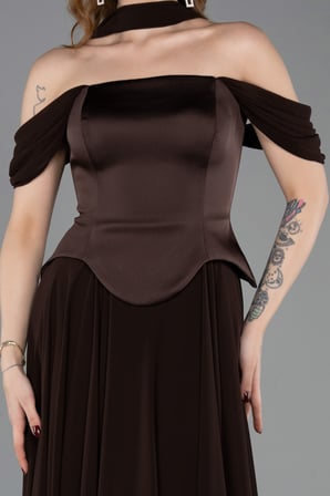 Kayık Yaka Saten Peplum Kesim Uzun Şifon Abiye ABU5327