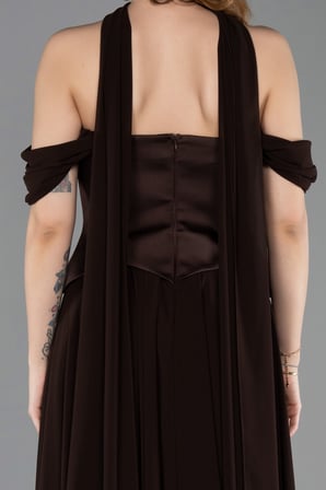 Kayık Yaka Saten Peplum Kesim Uzun Şifon Abiye ABU5327