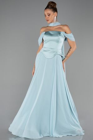 Kayık Yaka Saten Peplum Kesim Uzun Şifon Abiye ABU5327