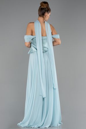 Kayık Yaka Saten Peplum Kesim Uzun Şifon Abiye ABU5327