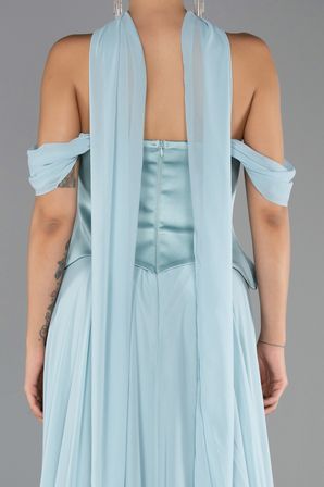 Kayık Yaka Saten Peplum Kesim Uzun Şifon Abiye ABU5327