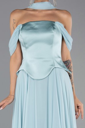 Kayık Yaka Saten Peplum Kesim Uzun Şifon Abiye ABU5327