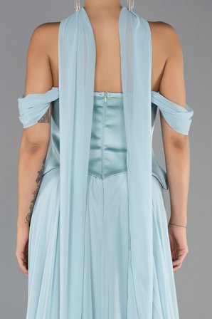 Kayık Yaka Saten Peplum Kesim Uzun Şifon Abiye ABU5327