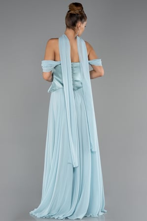 Kayık Yaka Saten Peplum Kesim Uzun Şifon Abiye ABU5327