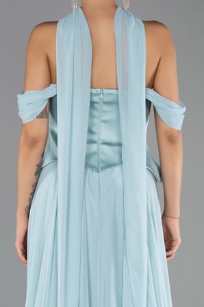 Kayık Yaka Saten Peplum Kesim Uzun Şifon Abiye ABU5327
