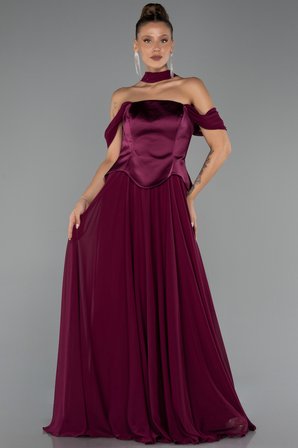 Kayık Yaka Saten Peplum Kesim Uzun Şifon Abiye ABU5327