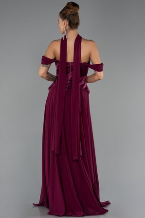 Kayık Yaka Saten Peplum Kesim Uzun Şifon Abiye ABU5327