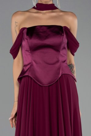 Kayık Yaka Saten Peplum Kesim Uzun Şifon Abiye ABU5327