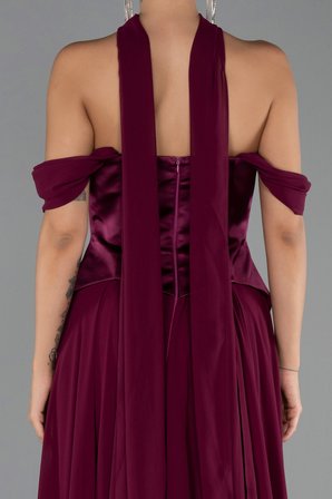 Kayık Yaka Saten Peplum Kesim Uzun Şifon Abiye ABU5327