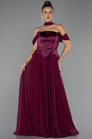 Kayık Yaka Saten Peplum Kesim Uzun Şifon Abiye ABU5327