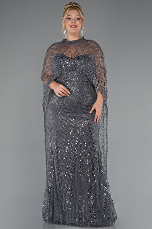 Straplez Boncuk İşlemeli Şallı Büyük Beden Uzun Abiye ABU5328