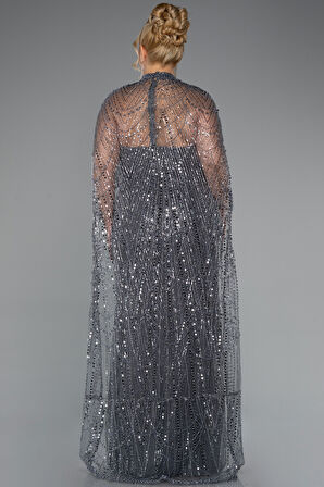 Straplez Boncuk İşlemeli Şallı Büyük Beden Uzun Abiye ABU5328