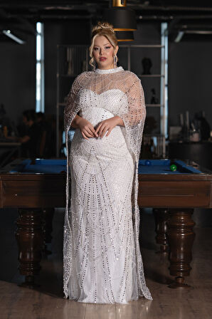 Straplez Boncuk İşlemeli Şallı Büyük Beden Uzun Abiye ABU5328