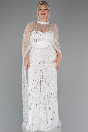 Straplez Boncuk İşlemeli Şallı Büyük Beden Uzun Abiye ABU5328