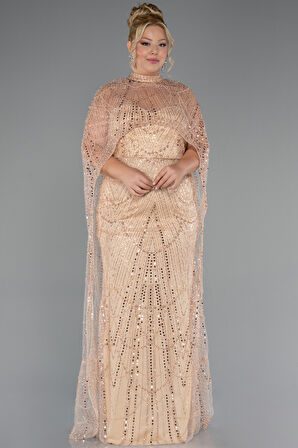 Straplez Boncuk İşlemeli Şallı Büyük Beden Uzun Abiye ABU5328