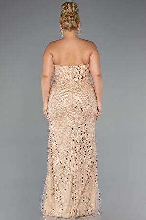 Straplez Boncuk İşlemeli Şallı Büyük Beden Uzun Abiye ABU5328