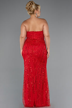 Straplez Boncuk İşlemeli Şallı Büyük Beden Uzun Abiye ABU5328