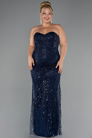 Straplez Boncuk İşlemeli Şallı Büyük Beden Uzun Abiye ABU5328