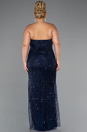 Straplez Boncuk İşlemeli Şallı Büyük Beden Uzun Abiye ABU5328