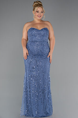 Straplez Boncuk İşlemeli Şallı Büyük Beden Uzun Abiye ABU5328