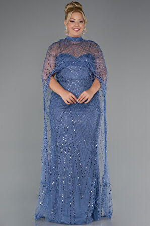 Straplez Boncuk İşlemeli Şallı Büyük Beden Uzun Abiye ABU5328