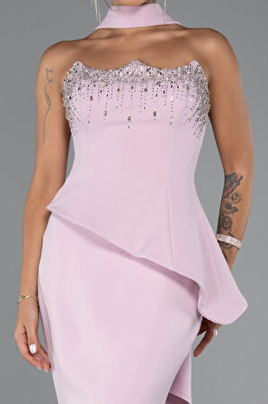 Taşlı Straplez Yaka Peplum Kesim Uzun Abiye ABU5329