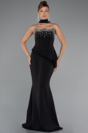 Taşlı Straplez Yaka Peplum Kesim Uzun Abiye ABU5329