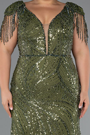 Boncuklu Kısa Kol V Yaka Uzun Büyük Beden Abiye ABU5336