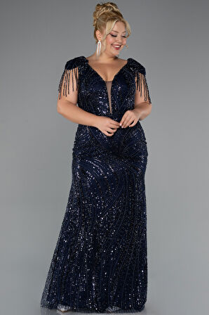 Boncuklu Kısa Kol V Yaka Uzun Büyük Beden Abiye ABU5336