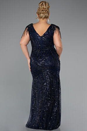 Boncuklu Kısa Kol V Yaka Uzun Büyük Beden Abiye ABU5336