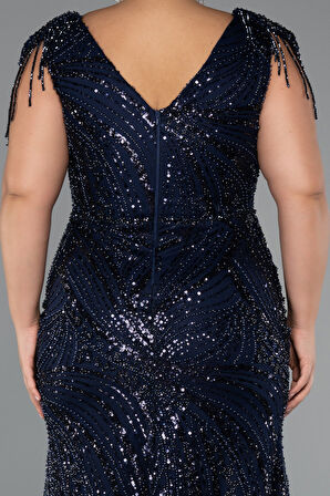 Boncuklu Kısa Kol V Yaka Uzun Büyük Beden Abiye ABU5336