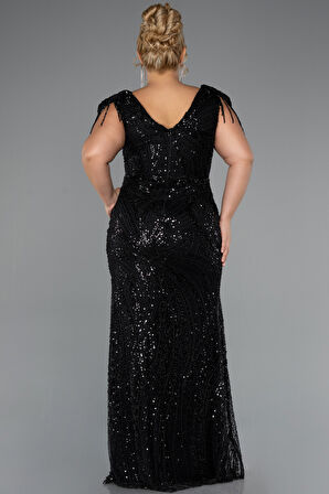 Boncuklu Kısa Kol V Yaka Uzun Büyük Beden Abiye ABU5336