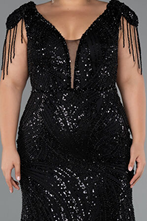 Boncuklu Kısa Kol V Yaka Uzun Büyük Beden Abiye ABU5336