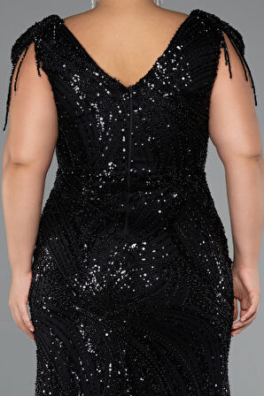 Boncuklu Kısa Kol V Yaka Uzun Büyük Beden Abiye ABU5336