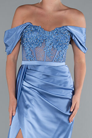 Taşlı Kayık Yaka Yırtmaçlı Uzun Saten Abiye ABU5379