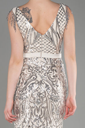 Kolsuz Uzun Pul Payet Nişan Elbisesi ABU5381