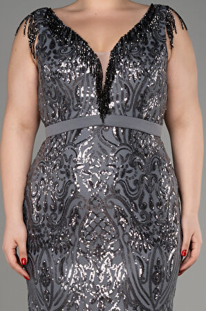 Kolsuz Uzun Pul Payet Büyük Beden Nişan Elbisesi ABU5382