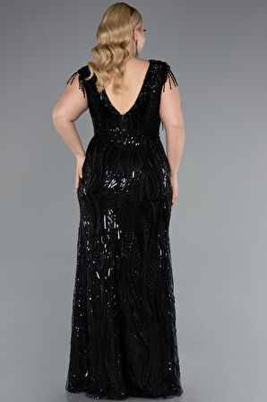 Boncuk Detaylı V Yaka Uzun Pullu Büyük Beden Abiye ABU5384