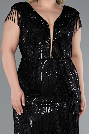 Boncuk Detaylı V Yaka Uzun Pullu Büyük Beden Abiye ABU5384