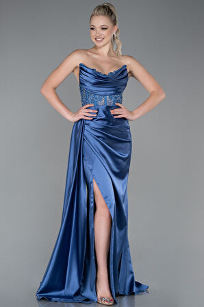 Straplez Drapeli Uzun Saten Abiye ABU5385