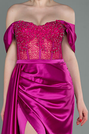 Taşlı Kayık Yaka Yırtmaçlı Uzun Saten Abiye ABU5447