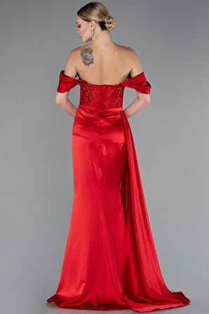 Taşlı Kayık Yaka Yırtmaçlı Uzun Saten Abiye ABU5447