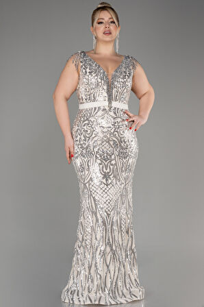 Kolsuz Uzun Pul Payet Büyük Beden Nişan Elbisesi ABU5451