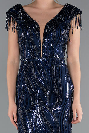 Boncuk Detaylı V Yaka Uzun Pullu Özel Tasarım Abiye ABU5452