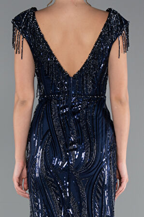 Boncuk Detaylı V Yaka Uzun Pullu Özel Tasarım Abiye ABU5452