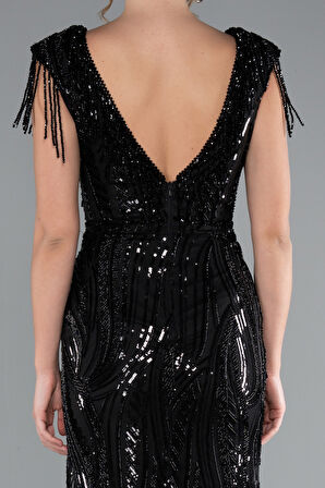 Boncuk Detaylı V Yaka Uzun Pullu Özel Tasarım Abiye ABU5452