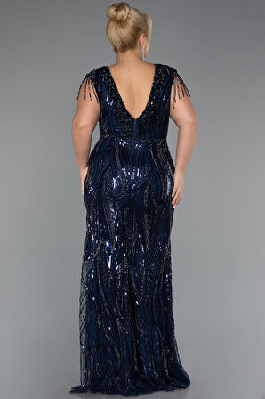 Boncuk Detaylı V Yaka Uzun Pullu Büyük Beden Abiye ABU5453