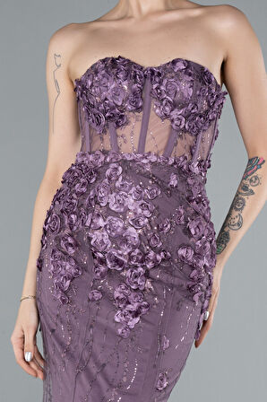 Straplez Üç Boyutlu Çiçek İşlemeli Balık Abiye ABU5519