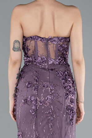 Straplez Üç Boyutlu Çiçek İşlemeli Balık Abiye ABU5519